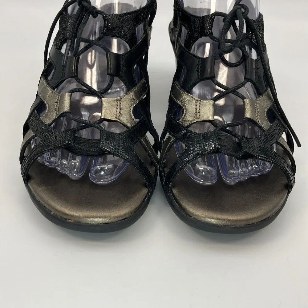 Aravon Sandals Women 8.5 B Gladiator Black Metallic Lace Up Shoes Comfort Resort